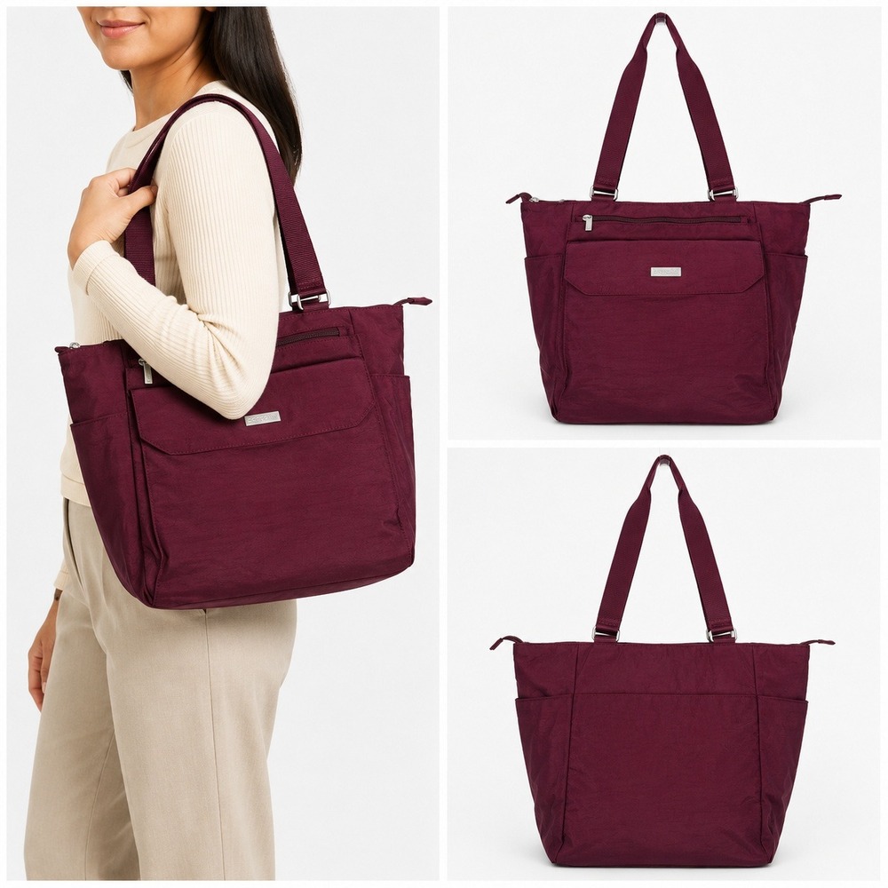 Baggallini Tote Bag Burgundy Nylon Travel Shoulder Purse Organizer